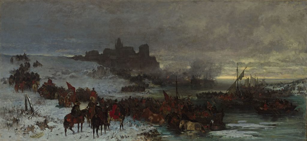 Zimowy pejzaż przedstawia konnych rycerzy szykujących się do zdobycia majaczącego na wzgórzu zamku. Widać wypełnione żołnierzami łodzie, przy burtach holowane są wpław konie.