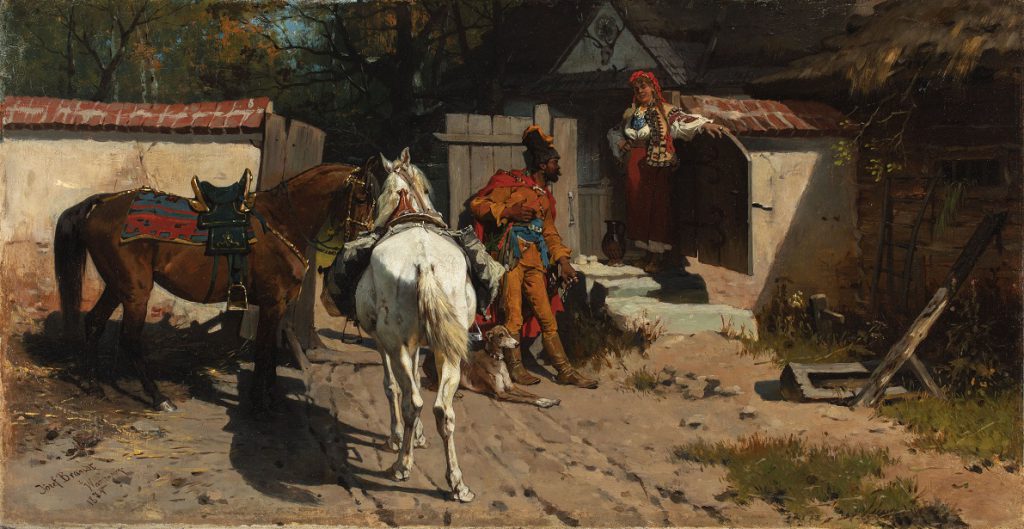 Scena pożegnania Kozaka i dziewczyny przed wejściem do zagrody. Na pierwszym planie od lewej dwa osiodłane konie. Oparty o bramę wojak w barwnym ubraniu żegna się z dziewczyną. W tle obrazu las. 