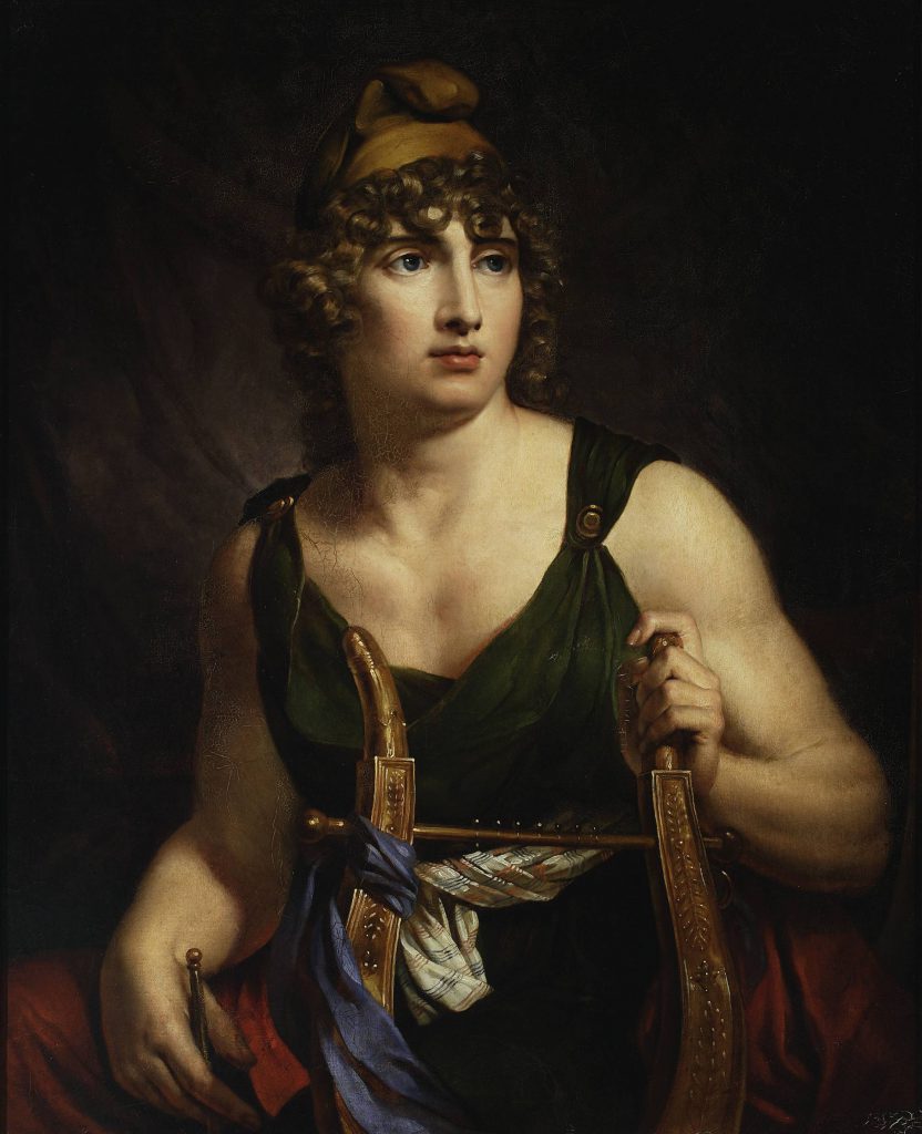 Obraz przedstawia Parysa w brązowej czapce frygijskiej, ubranego  w zieloną szatę, trzymającego w ręku złotą lirę.