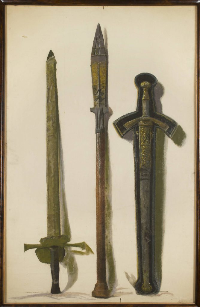 Pastel przedstawia trzy miecze używane do koronacji królów polskich. Na neutralnym tle autor ukazał kolejno od lewej: długą, ostro zakończoną klingę, kopię włóczni oraz miecz. W tle cienie rzucane przez te przedmioty.