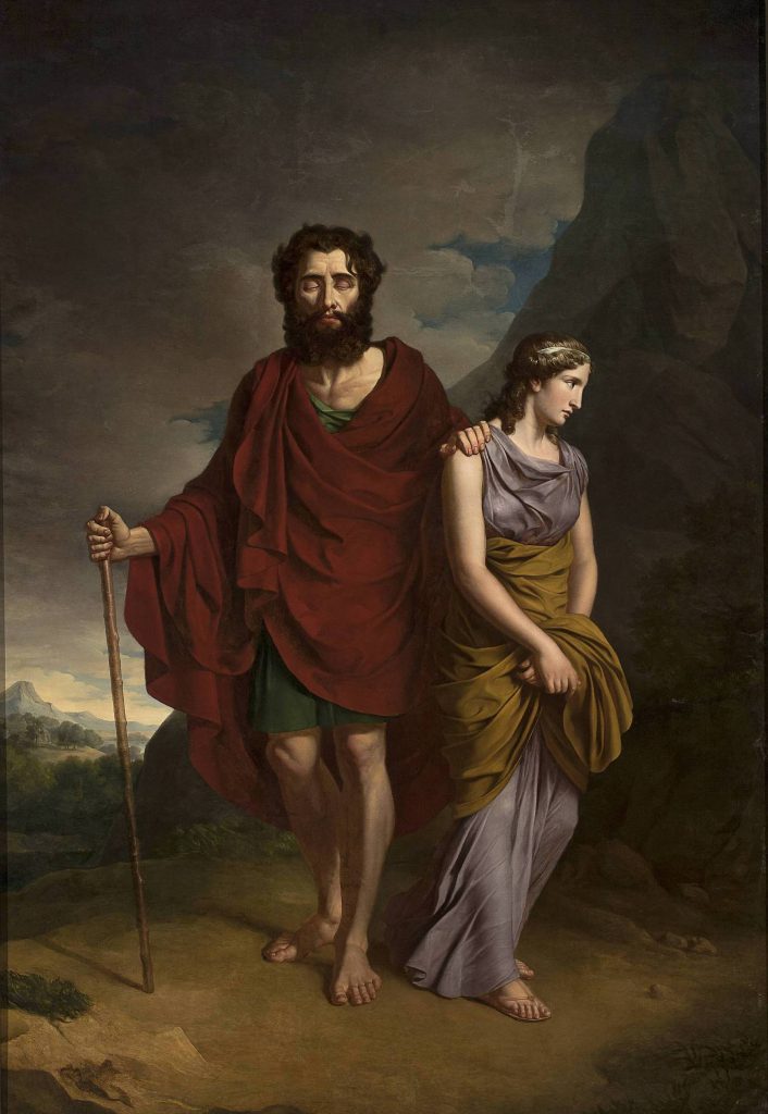 Na obrazie widać oślepionego Edypa z laską w dłoni, trzymającego rękę na ramieniu prowadzącej go córki Antygony.
