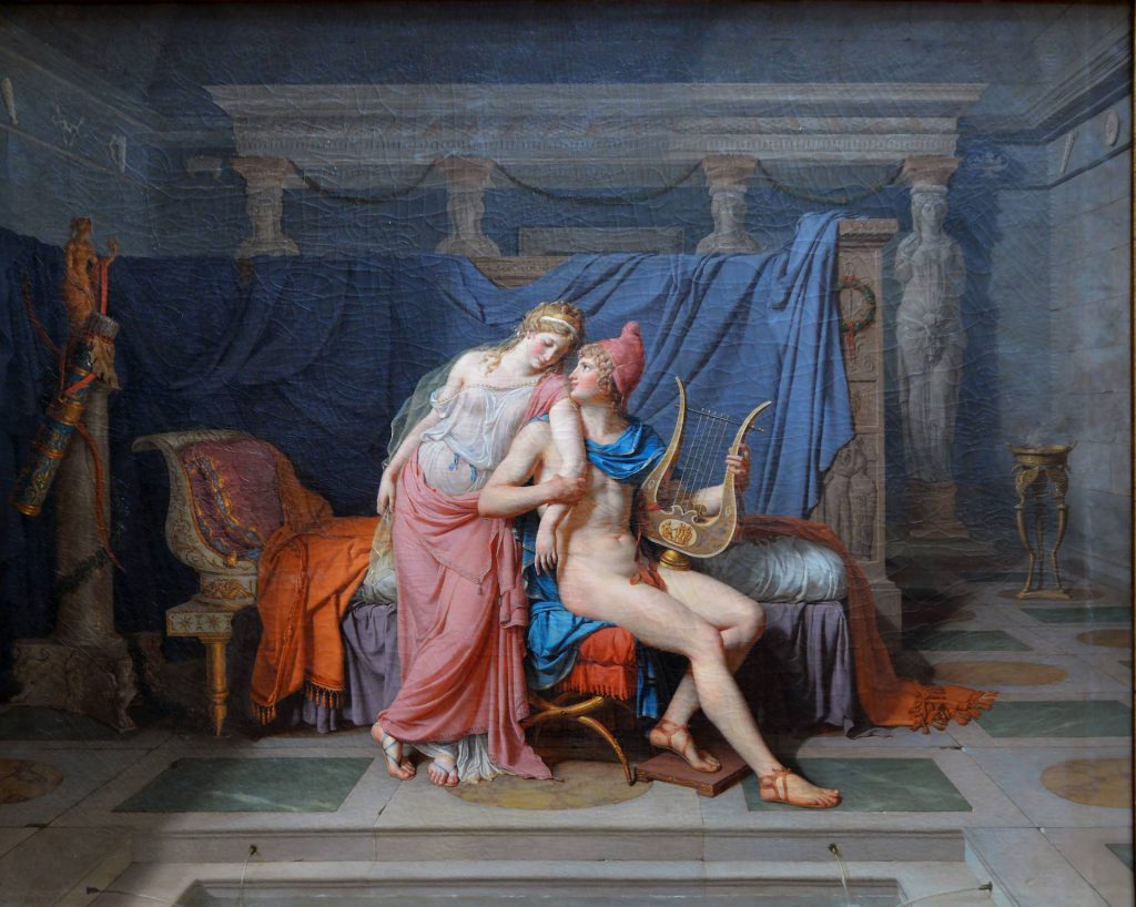 Obraz przedstawia Helenę w długiej szacie opierającą się na ramieniu półnagiego siedzącego Parysa trzymającego w dłoni lirę.